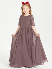 Long Junior Bridesmaid Gown Lace Top Half Sleeves Vintage Mauve