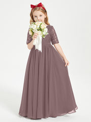 Long Junior Bridesmaid Gown Lace Top Half Sleeves Vintage Mauve
