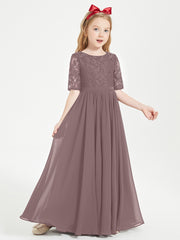Long Junior Bridesmaid Gown Lace Top Half Sleeves Vintage Mauve