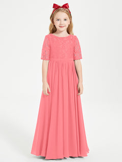 Long Junior Bridesmaid Gown Lace Top Half Sleeves Watermelon