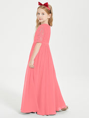 Long Junior Bridesmaid Gown Lace Top Half Sleeves Watermelon