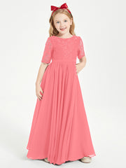 Long Junior Bridesmaid Gown Lace Top Half Sleeves Watermelon