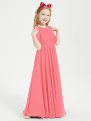 Long Junior Bridesmaid Gown Lace Top Half Sleeves Watermelon
