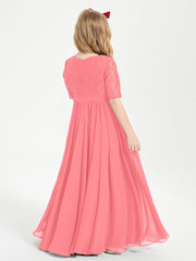 Long Junior Bridesmaid Gown Lace Top Half Sleeves Watermelon