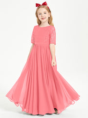Long Junior Bridesmaid Gown Lace Top Half Sleeves Watermelon
