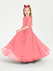 Long Junior Bridesmaid Gown Lace Top Half Sleeves Watermelon
