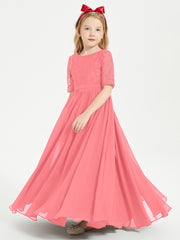 Long Junior Bridesmaid Gown Lace Top Half Sleeves Watermelon