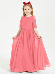 Long Junior Bridesmaid Gown Lace Top Half Sleeves Watermelon