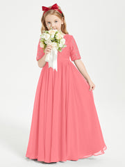 Long Junior Bridesmaid Gown Lace Top Half Sleeves Watermelon