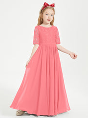 Long Junior Bridesmaid Gown Lace Top Half Sleeves Watermelon