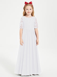 Long Junior Bridesmaid Gown Lace Top Half Sleeves White