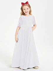 Long Junior Bridesmaid Gown Lace Top Half Sleeves White