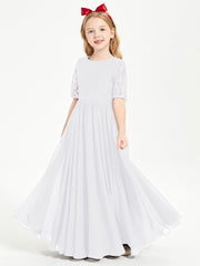 Long Junior Bridesmaid Gown Lace Top Half Sleeves White
