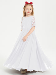 Long Junior Bridesmaid Gown Lace Top Half Sleeves White
