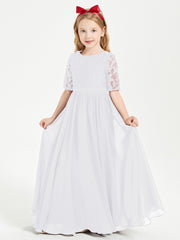 Long Junior Bridesmaid Gown Lace Top Half Sleeves White