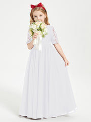 Long Junior Bridesmaid Gown Lace Top Half Sleeves White