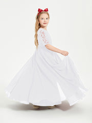 Long Junior Bridesmaid Gown Lace Top Half Sleeves White