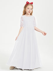 Long Junior Bridesmaid Gown Lace Top Half Sleeves White