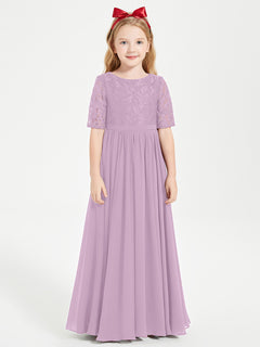 Long Junior Bridesmaid Gown Lace Top Half Sleeves Wisteria