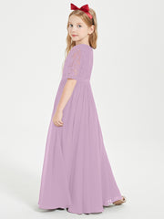 Long Junior Bridesmaid Gown Lace Top Half Sleeves Wisteria