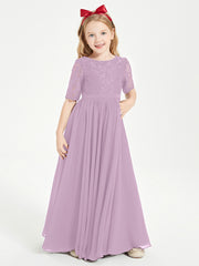 Long Junior Bridesmaid Gown Lace Top Half Sleeves Wisteria