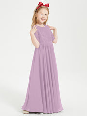 Long Junior Bridesmaid Gown Lace Top Half Sleeves Wisteria