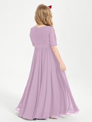 Long Junior Bridesmaid Gown Lace Top Half Sleeves Wisteria