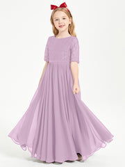 Long Junior Bridesmaid Gown Lace Top Half Sleeves Wisteria