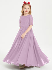 Long Junior Bridesmaid Gown Lace Top Half Sleeves Wisteria