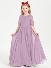 Long Junior Bridesmaid Gown Lace Top Half Sleeves Wisteria