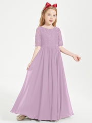 Long Junior Bridesmaid Gown Lace Top Half Sleeves Wisteria