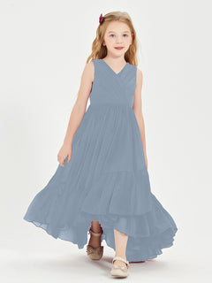 Boho Junior Bridesmaid Dresses Cascading Skirt Dusty Blue