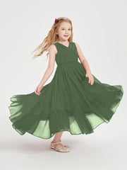 Boho Junior Bridesmaid Dresses Cascading Skirt Olive Green