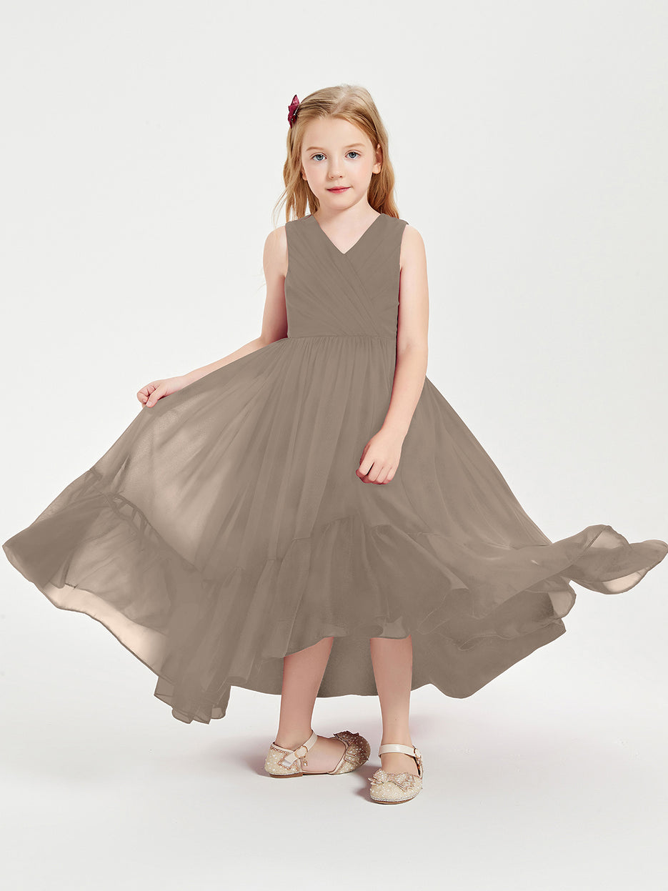 Cute V-neck Spaghetti Straps Floor-length Junior Bridesmaid Dresses Taupe