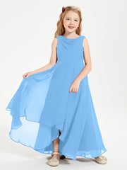Modern Asymmetrical Junior Bridesmaid Dresses Cowl Neck Blue