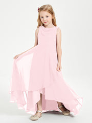 Modern Asymmetrical Junior Bridesmaid Dresses Cowl Neck Blushing Pink