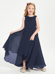 Modern Asymmetrical Junior Bridesmaid Dresses Cowl Neck Dark Navy
