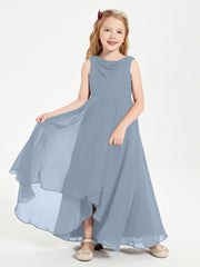 Modern Asymmetrical Junior Bridesmaid Dresses Cowl Neck Dusty Blue