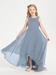 Modern Asymmetrical Junior Bridesmaid Dresses Cowl Neck Dusty Blue