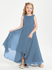 Modern Asymmetrical Junior Bridesmaid Dresses Cowl Neck Slate Blue