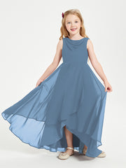 Modern Asymmetrical Junior Bridesmaid Dresses Cowl Neck Slate Blue