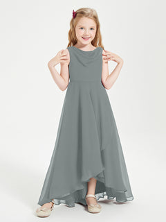 Modern Asymmetrical Junior Bridesmaid Dresses Cowl Neck Steel Grey