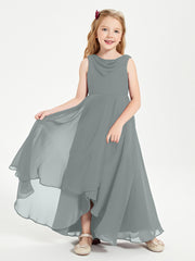 Modern Asymmetrical Junior Bridesmaid Dresses Cowl Neck Steel Grey
