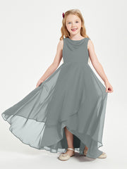 Modern Asymmetrical Junior Bridesmaid Dresses Cowl Neck Steel Grey
