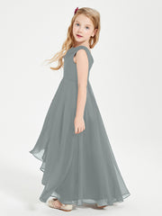 Modern Asymmetrical Junior Bridesmaid Dresses Cowl Neck Steel Grey