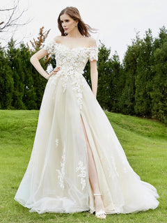 Off-the-shoulder A-line Wedding Dress With Slit-Ivory/Champagne