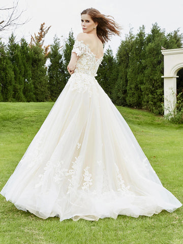 Vintage Champagne Satin Sheath Off-the-Shoulder High Slit Train Wedding Dress DP7754