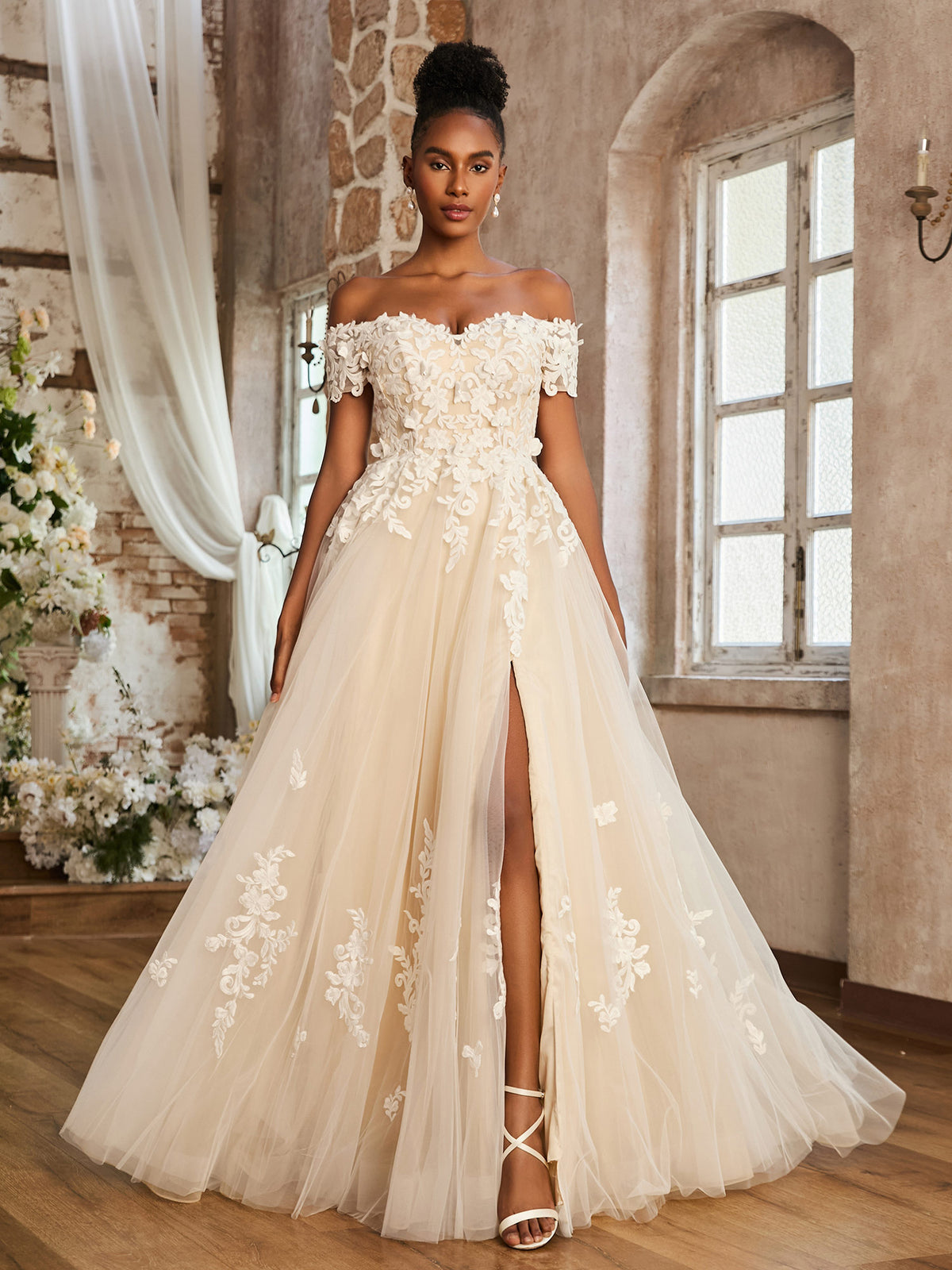champagne color wedding dress BABARONI Tulle Lace Ivory/Champagne Dresses A-line Off Shoulder Short Sleeve With Slit Sweep Train, Ivory/Champagne / US0 Black Glitter Flower Girl Delicate beaded top adorns _tab1_about-black-halo Size:5/6