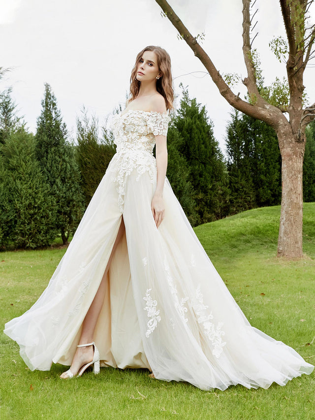 Beaded Off-the-shoulder A-line Dress With Slit Champagne main image 1