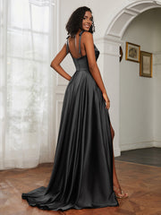 Cowl Neck A-Line Dress With Slit Black